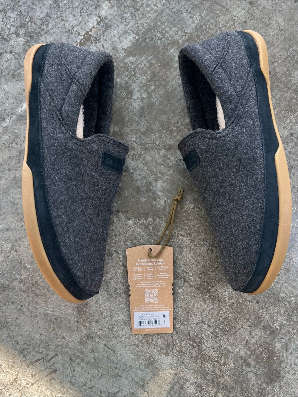 OluKai Charcoal Wool Slip-On with Tan Rubber Soles - Picture 2 of 8